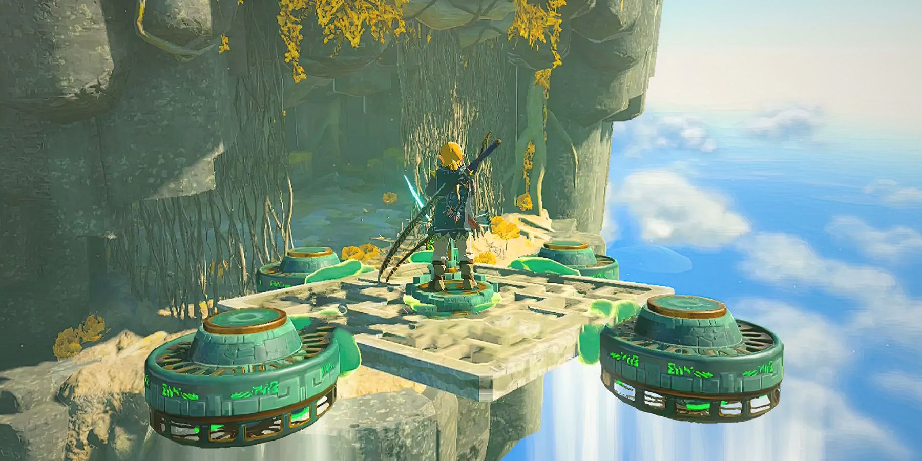 The Legend of Zelda Tears of the Kingdom TOTK Link flying on makeshift aircraft