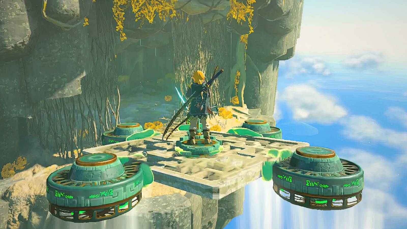 The Legend of Zelda Tears of the Kingdom TOTK Link flying on makeshift aircraft
