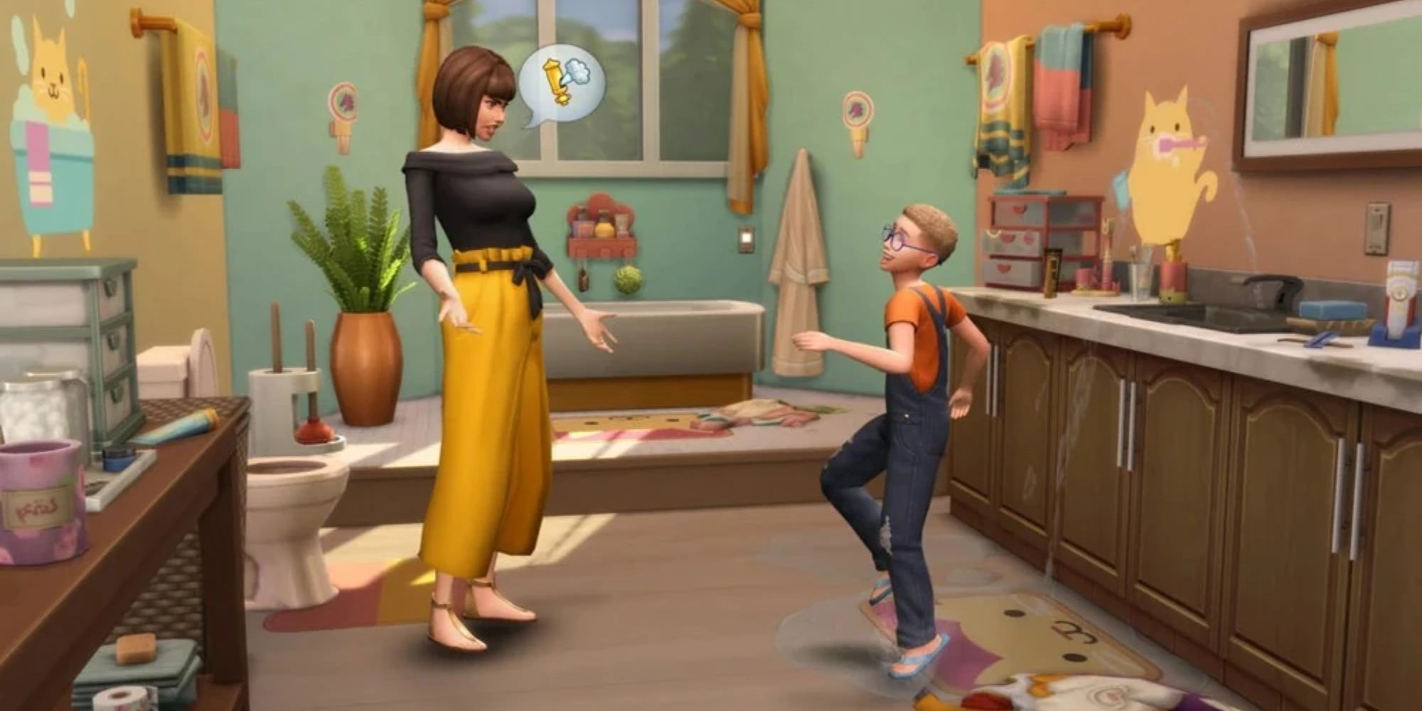 The Sims 4 Bathroom Clutter Kit: A mother speaks to her child in a bathroom decorated with wall decals, stains and various bathroom utensils like a shaver and toothpaste