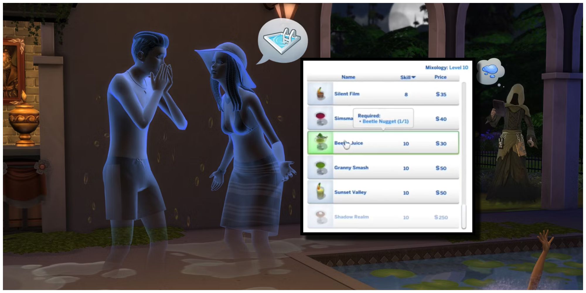 Two ghosts are arguing because they drank too much Beetle Juice and became ghosts in The Sims 4