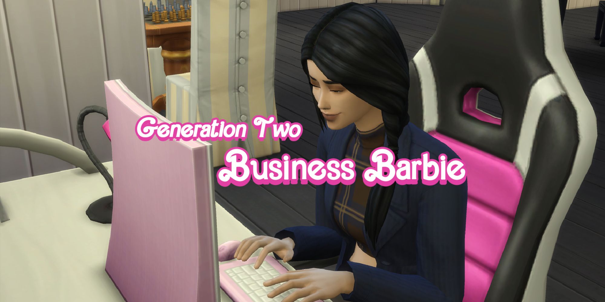 Business Barbie works on the computer as part of the Barbie Legacy Challenge in the Sims 4