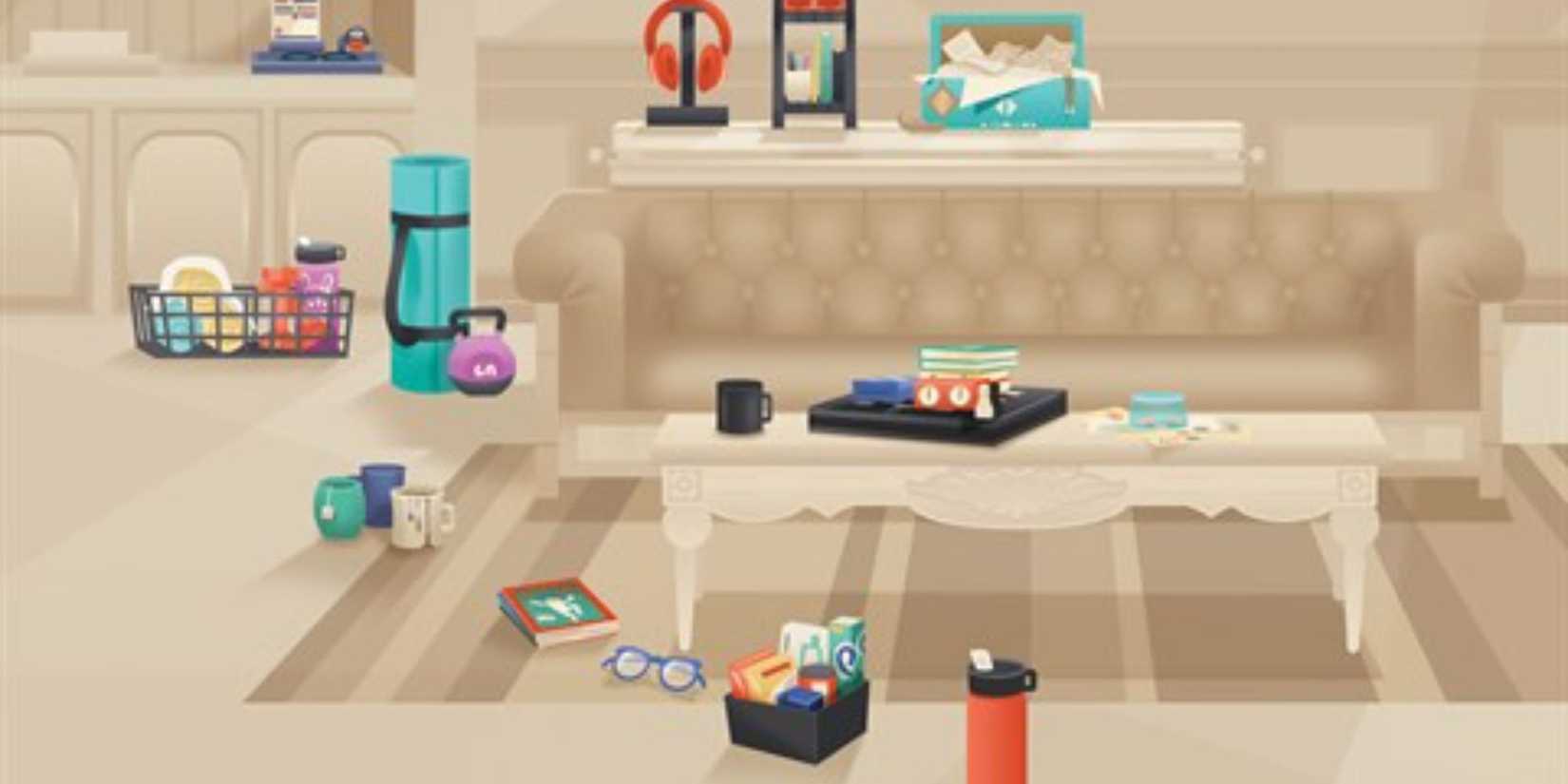 The Sims 4 Everyday Clutter Kit featuring a yoga mat, glasses, headphones, a coffee mug and more