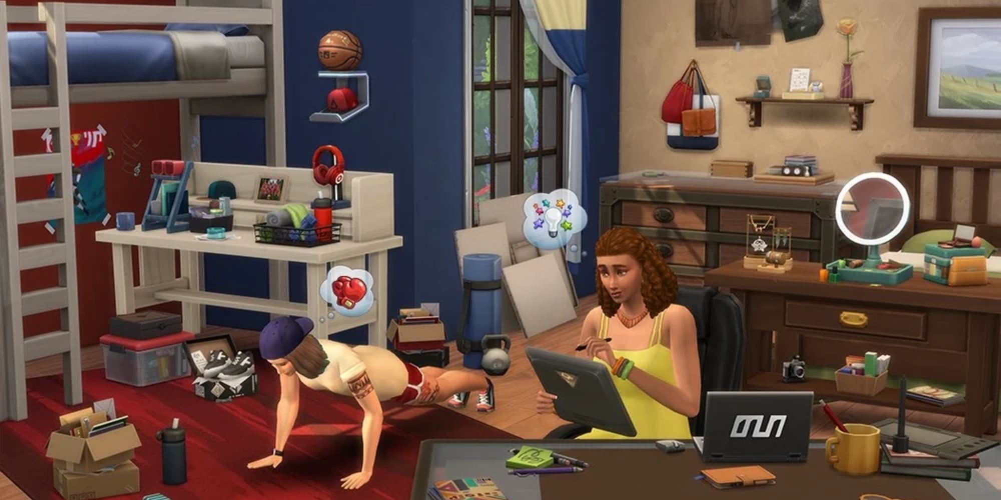 The Sims 4 Everyday Clutter Kit: Two people in a messy room, with a laptop, coffee cups, headphones and general clutter around them