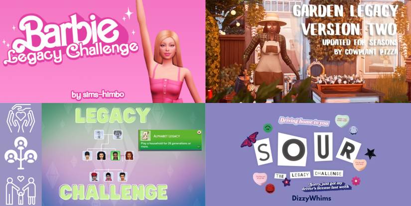 Examples of artwork from legacy challenges. The Barbie Legacy Challenge, The Garden Legacy Challenge, The Alphabetical Legacy Challenge, and The Sour Legacy Challenge, with artwork credited to each creator.