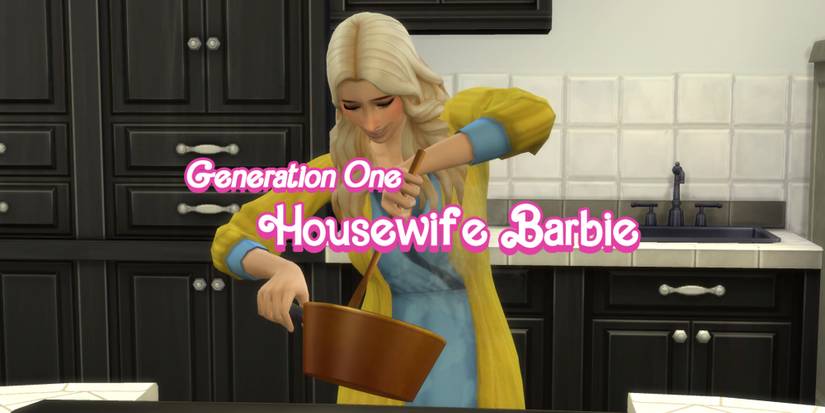 Housewife Barbie cooks food as the first generation of the Barbie Legacy Challenge The Sims 4