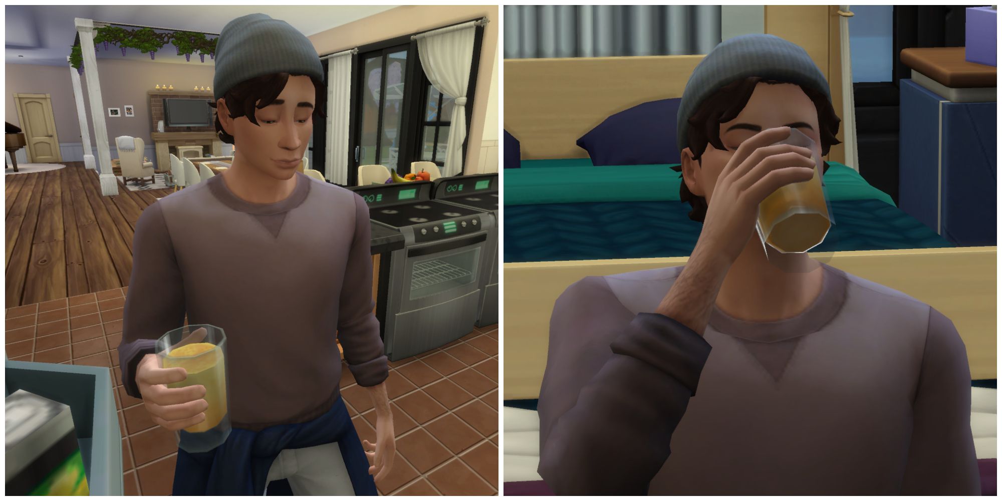 A Sim is drinking orange juice to cure his illness and make him happy