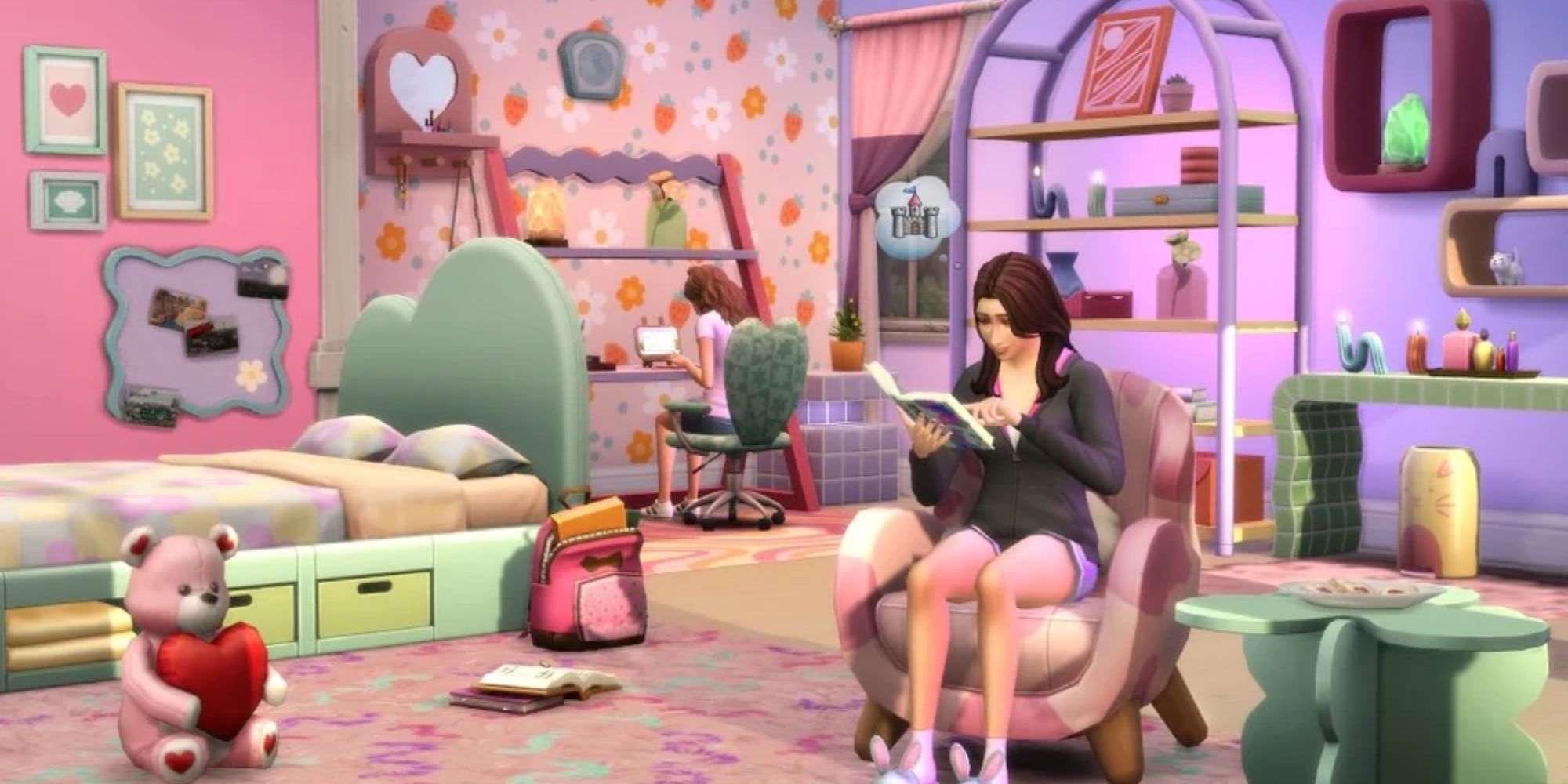 The Sims 4 Pastel Pop Kit: A Sim wearing bunny slippers reading in her pastel pink and purpleroom