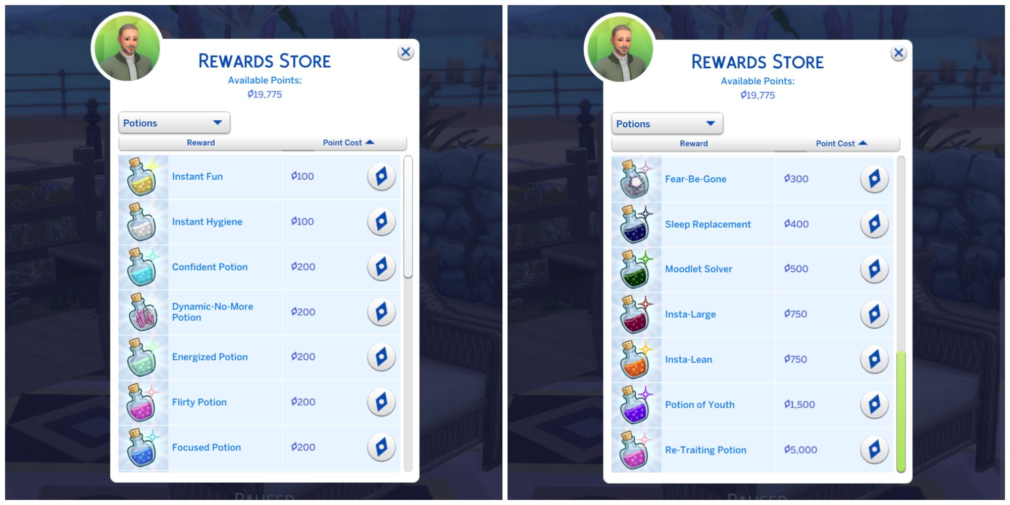 With satisfaction points from completing whims and other goals, Sims can purchase useful potions from the rewards store. 