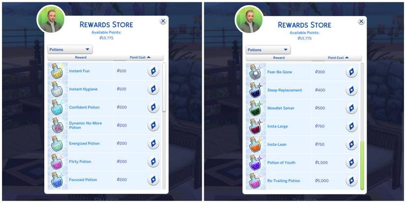 With satisfaction points from completing whims and other goals, Sims can purchase useful potions from the rewards store. 