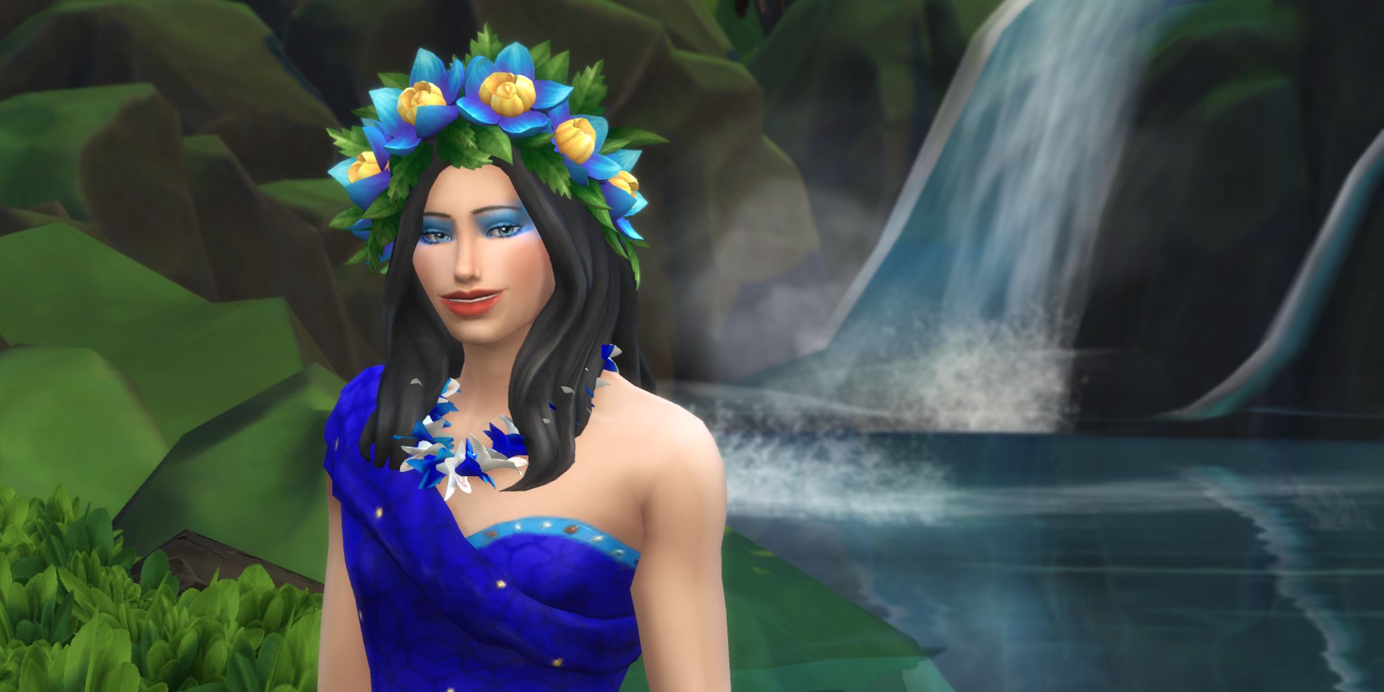 Mizz Sulani, a drag queen, poses next to a waterfall for her photo in the reality show RuPaul's Drag Race Challenge for The Sims 4