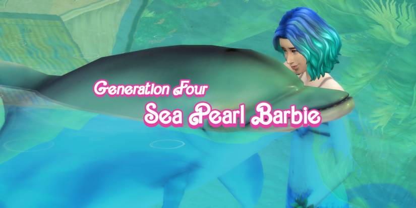 Sea Pearl Barbie interacts with a dolphin in her mermaid form. She's the fourth generation of the Barbie Legacy Challenge (The Sims 4).