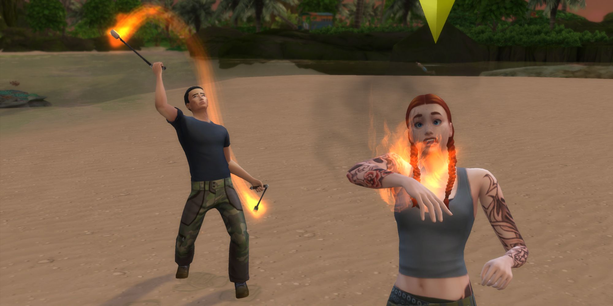 Two castaways from the reality series Survivor fight with fire for this Sims 4 Challenge