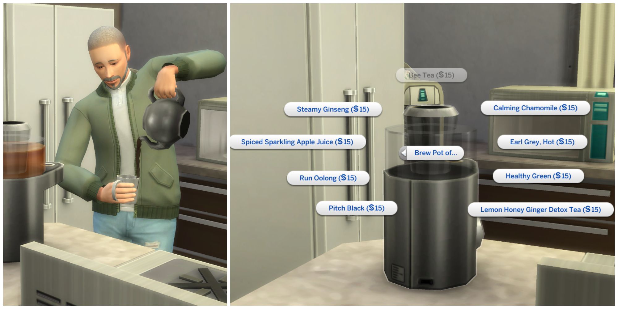 An elder Sim makes tea to boost his mood, performance, and cure sicknesses.