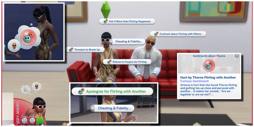 Octavia confronts her husband Thorne after discovering he has cheated on her. Clips show the added sentiment and talk interactions with the Relationship & Pregnancy Overhaul Mod.