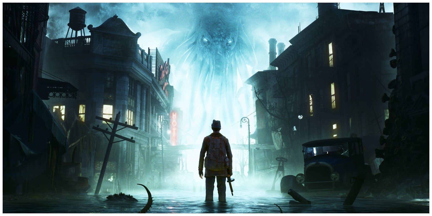 The Sinking City: Um detetive parado em uma rua inundada da cidade.  Há uma figura fantasmagórica no céu e um tentáculo saindo da água atrás dele.