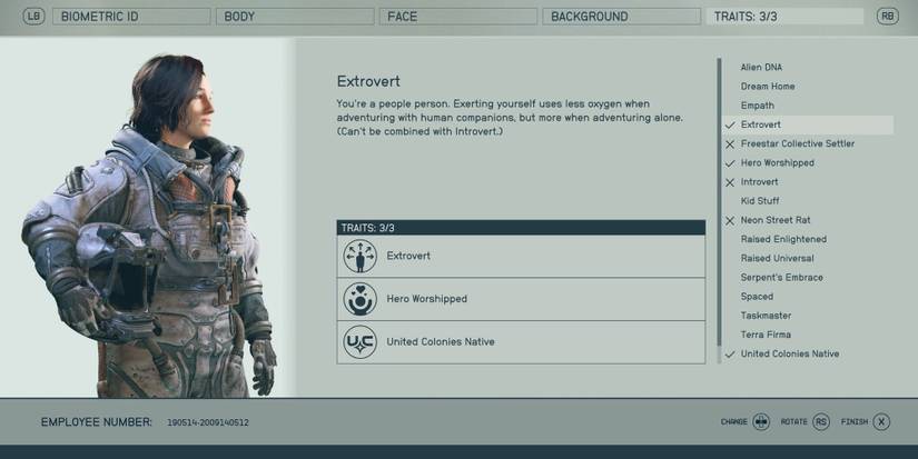 A player with the traits Extrovert, Hero Worshiped, United Colonies Native in Starfield