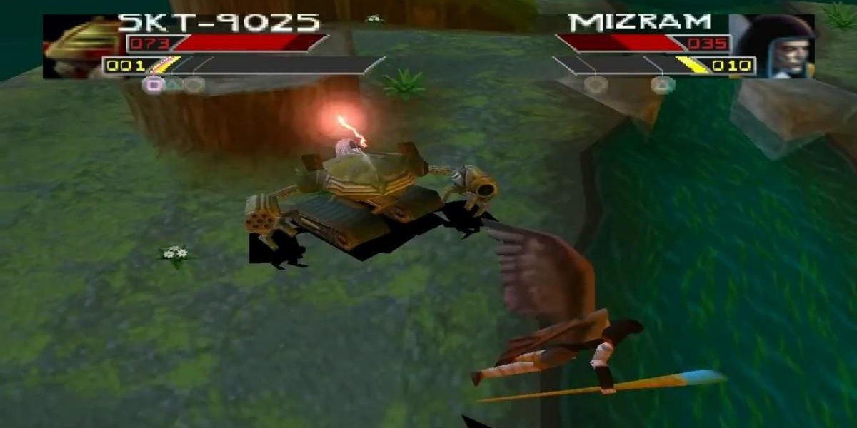 A mobile gun platform and a winged humanoid with a staff battle in a grassy area