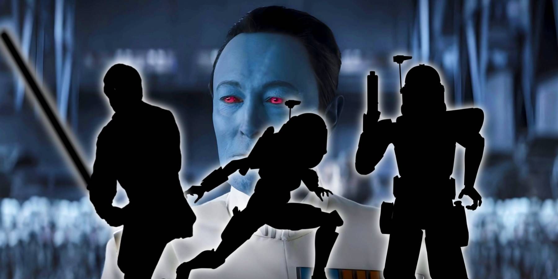 Lars Mikkelsen as Grand Admiral Thrawn with silhouettes of Luke Skywalker, Bo Katan Kryze, and Captain Rex