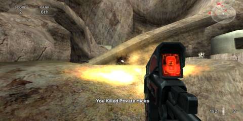 A Monkey Gun firing and killing an enemy in a rocky terrain