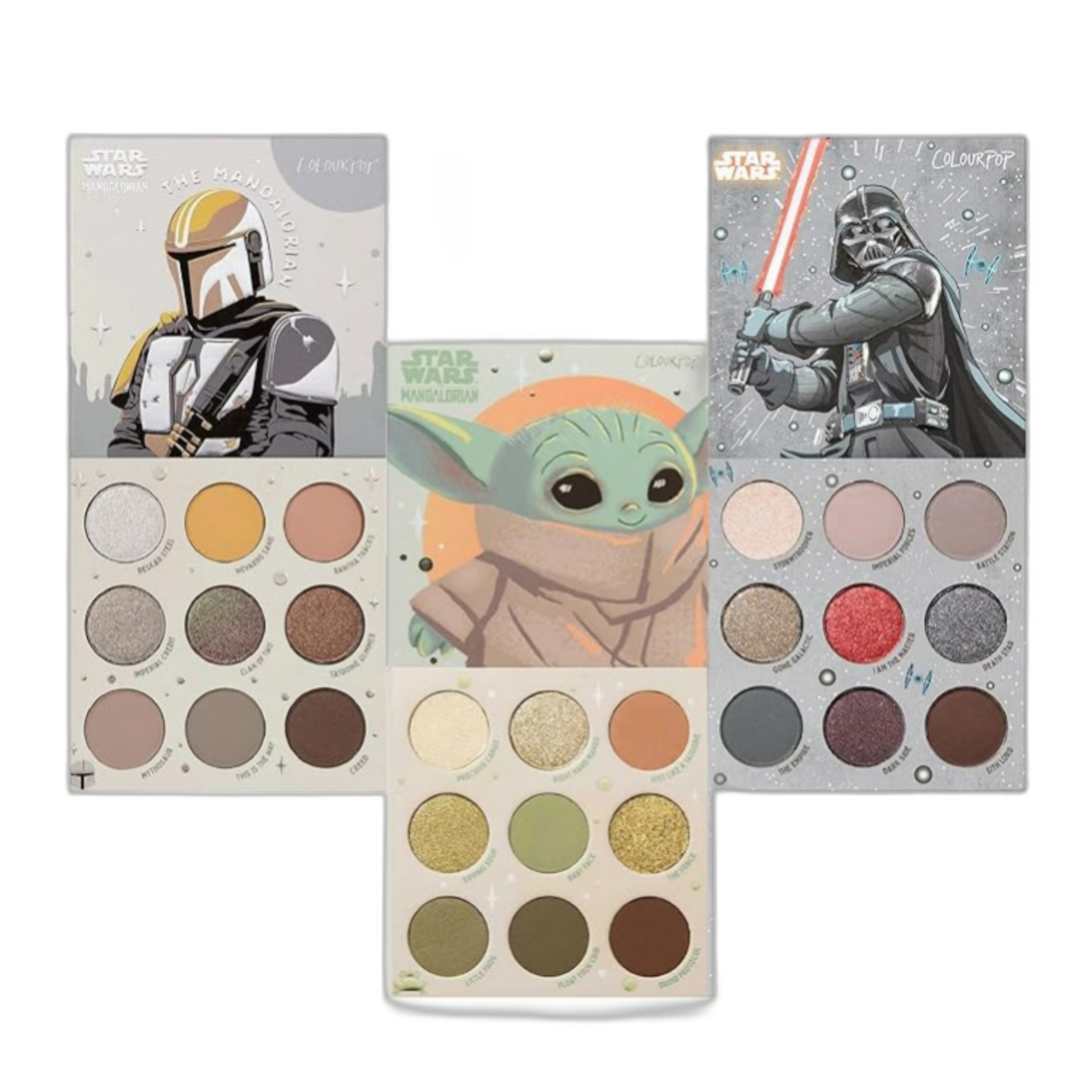 3 ColorPop Star Wars eyeshadow sets, themed Mandolorian, Grogu, and Darth Vader.