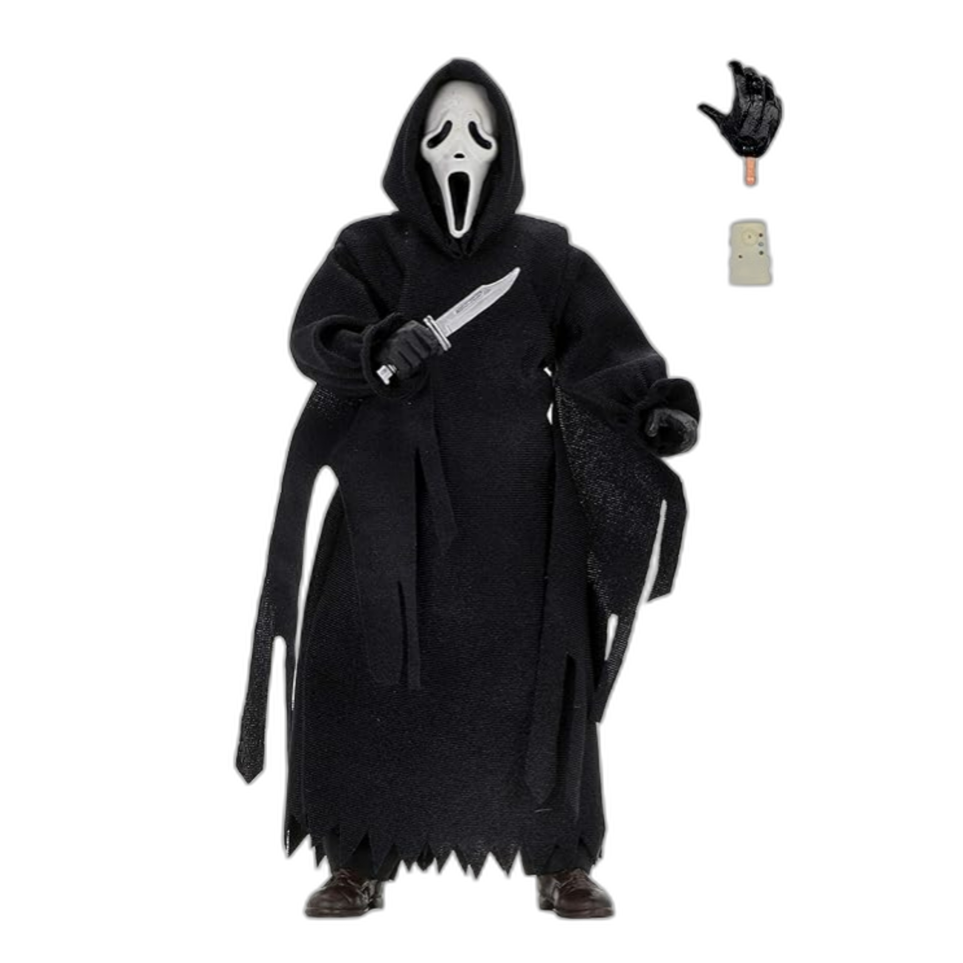 Ghostface action figure from the Scream franchise, complete with a movie accurate costume, iconic knife, replacable hand, and voice modulator prop.