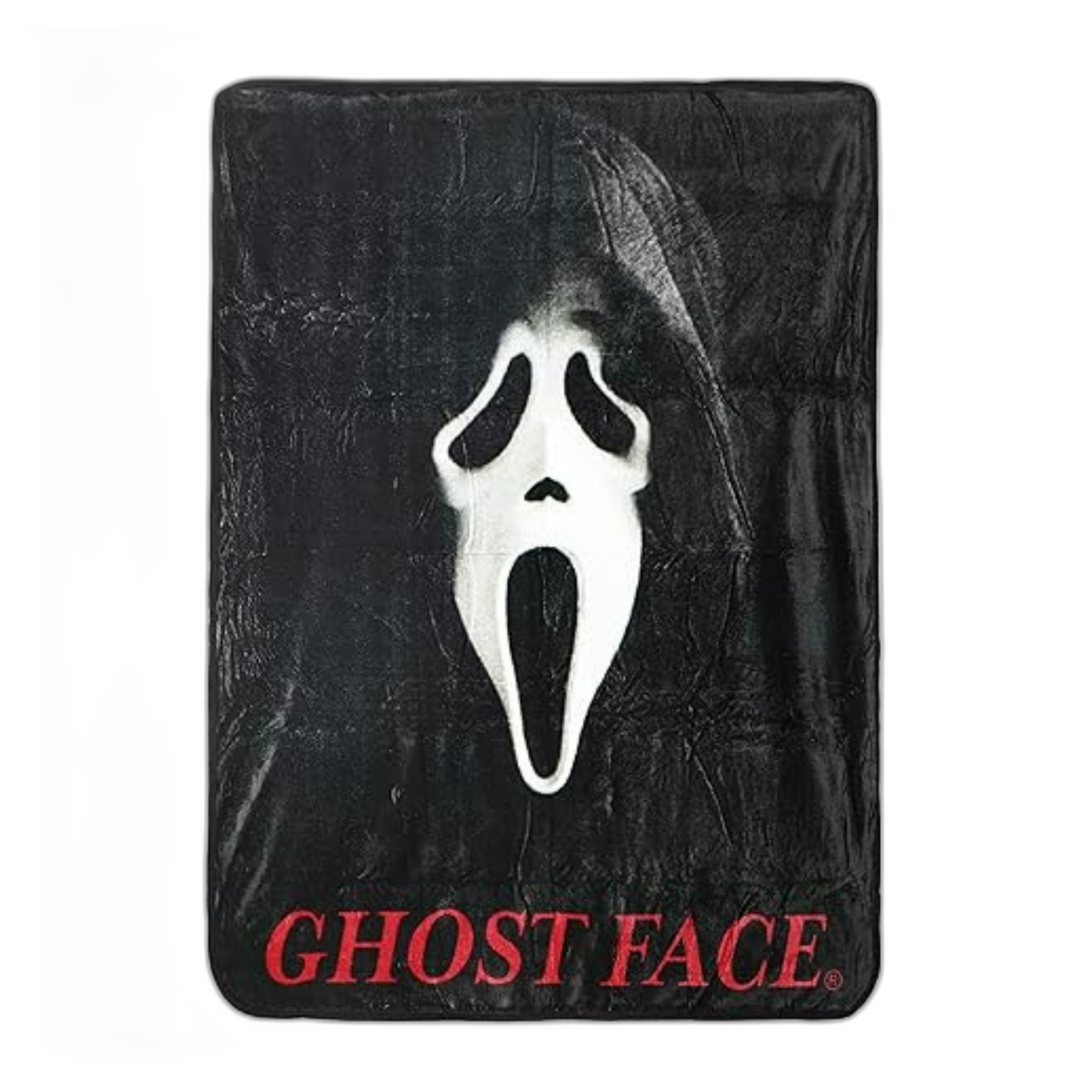 Ghostface throw blanket with the mask of ghostface, and the words 