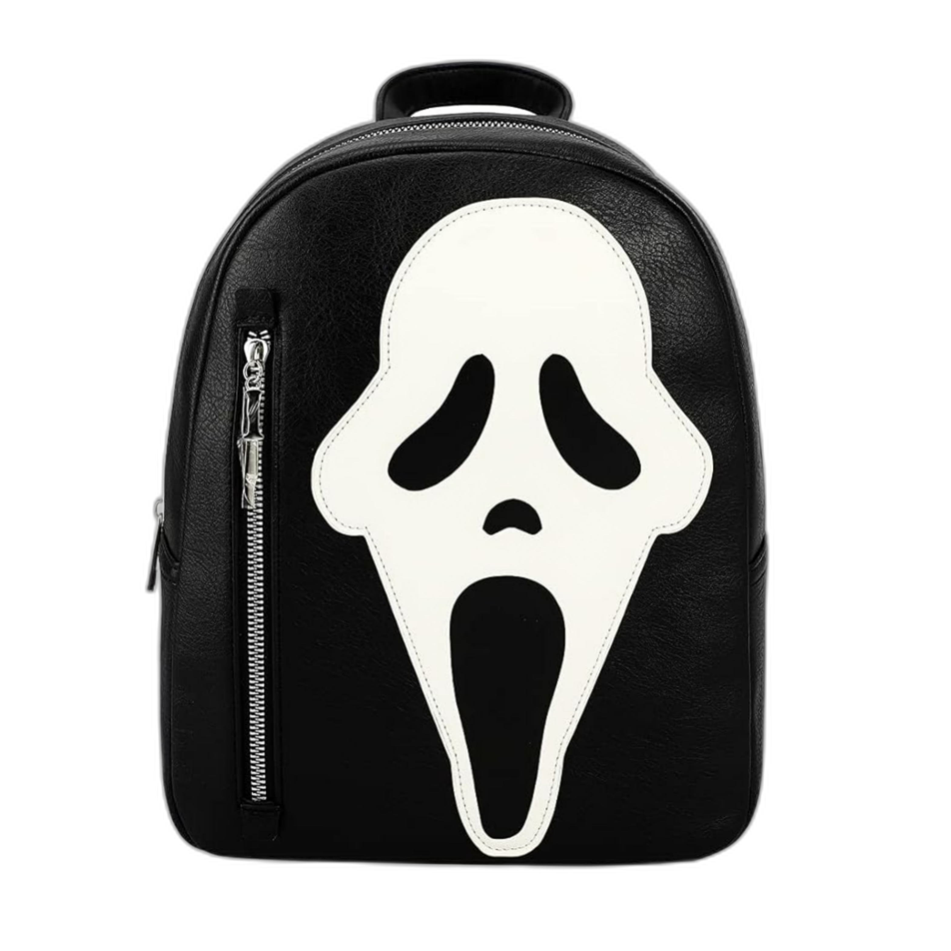 Black mini packpack featuring the ghostface mask and two zippers, the mask also glowing in the dark. 