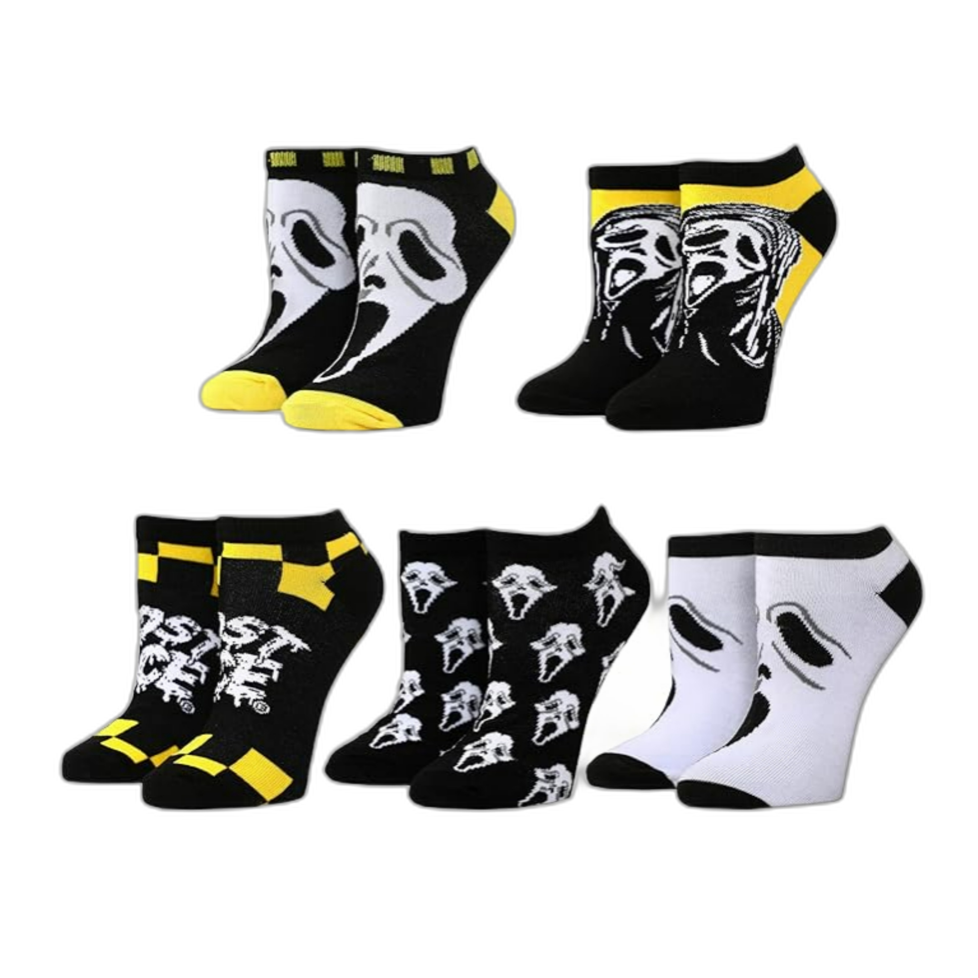 5 pairs of Scream Ghostface inspired ankle socks, each with their own unique patterns, but all featuring the slasher killer. 