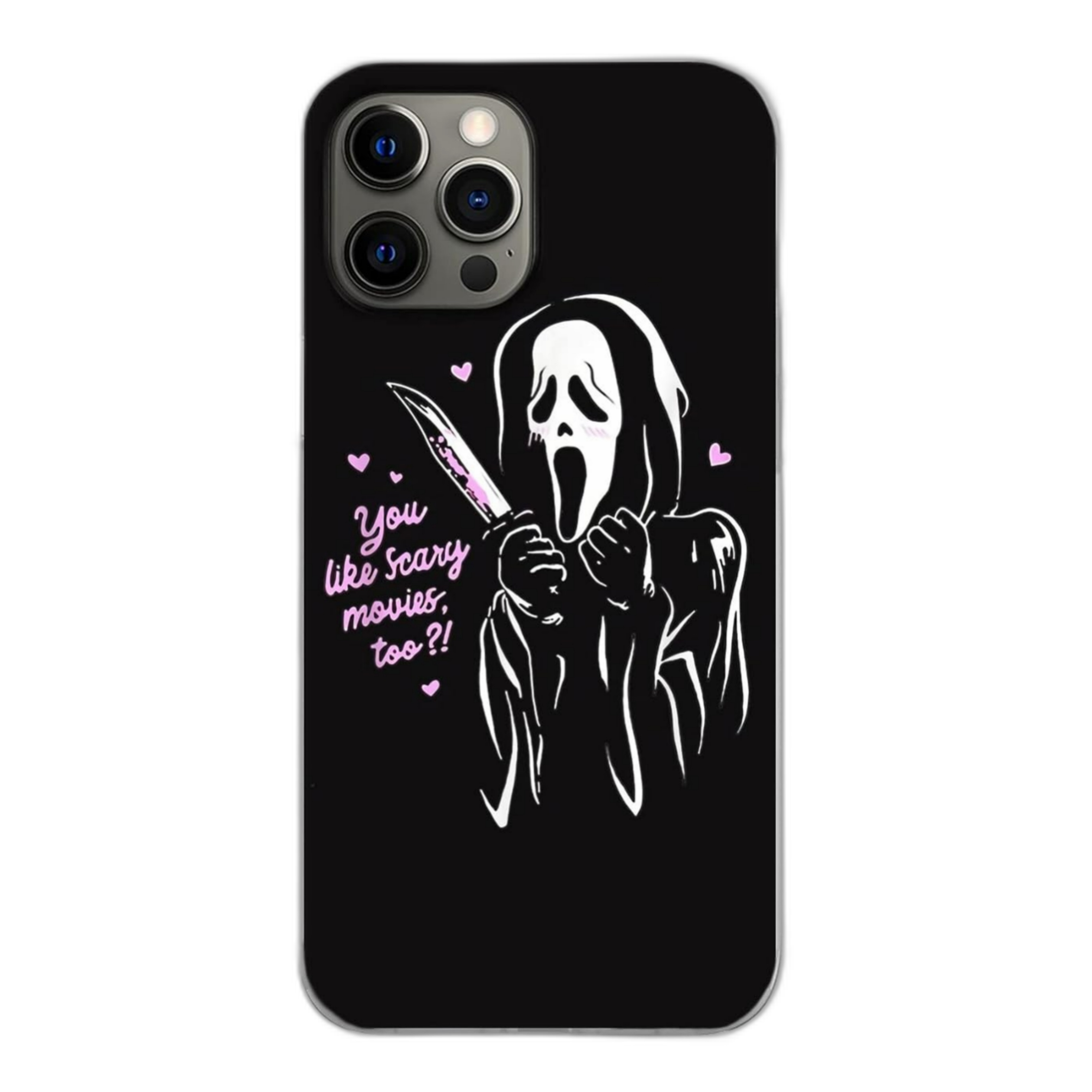 Black phone case with Ghostface on it, excited, and saying 