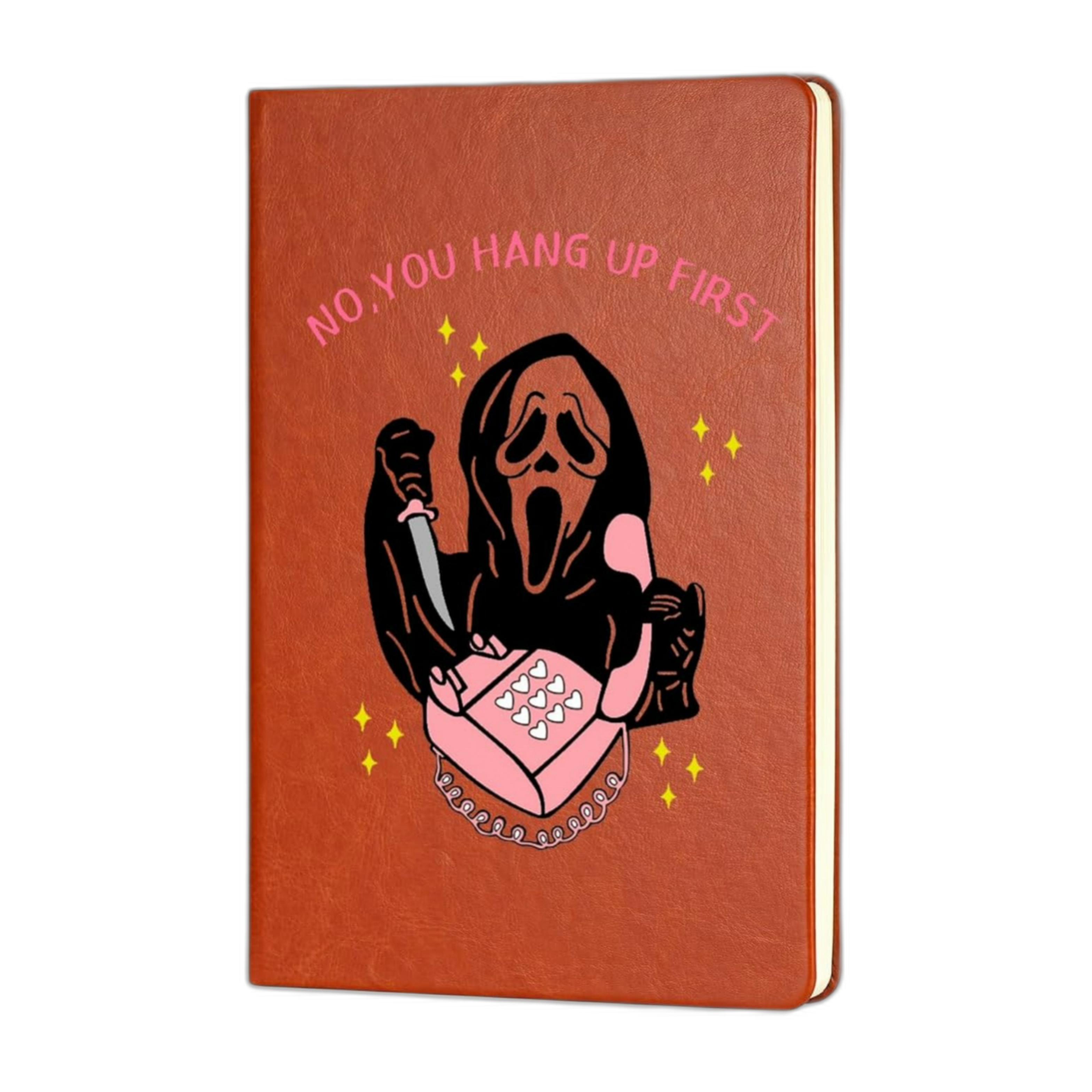 Brown Ghostface notebook with funny graphic, multicolored. 