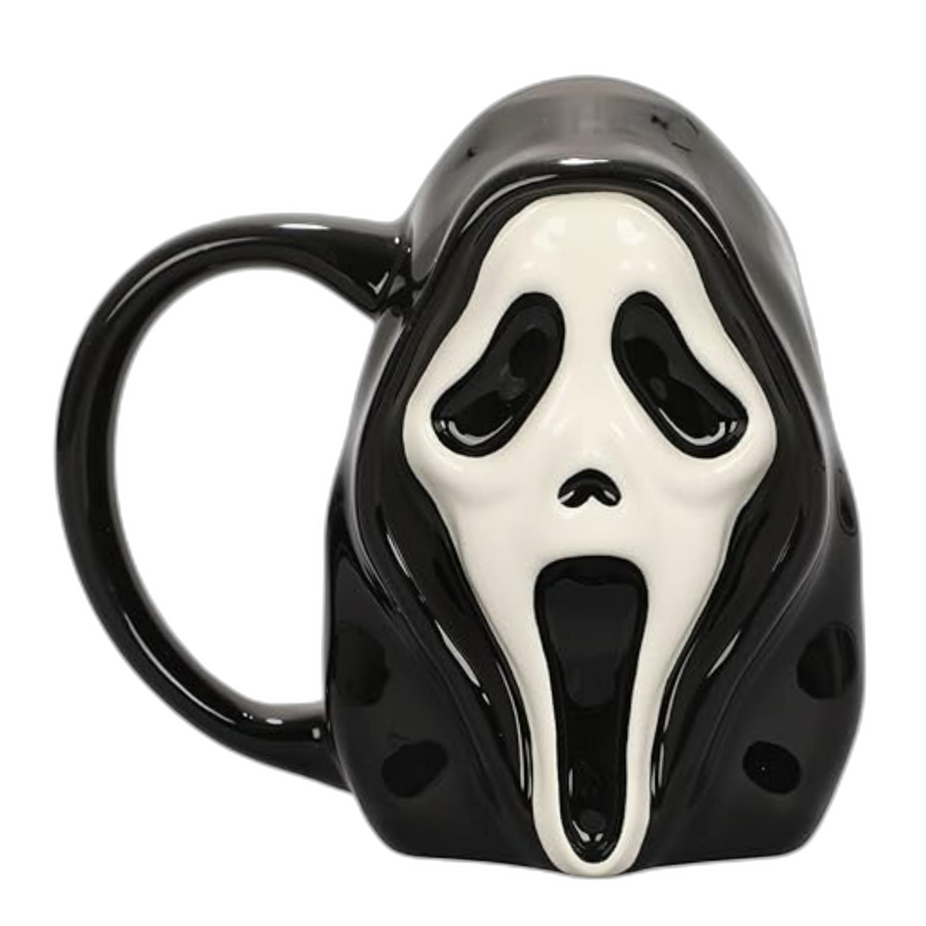 Black and white mug resembling the ghostface mask from the Scream franchise.