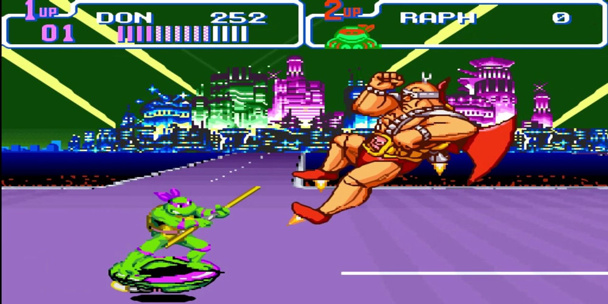 Donatello fighting Krang on a hoverboard