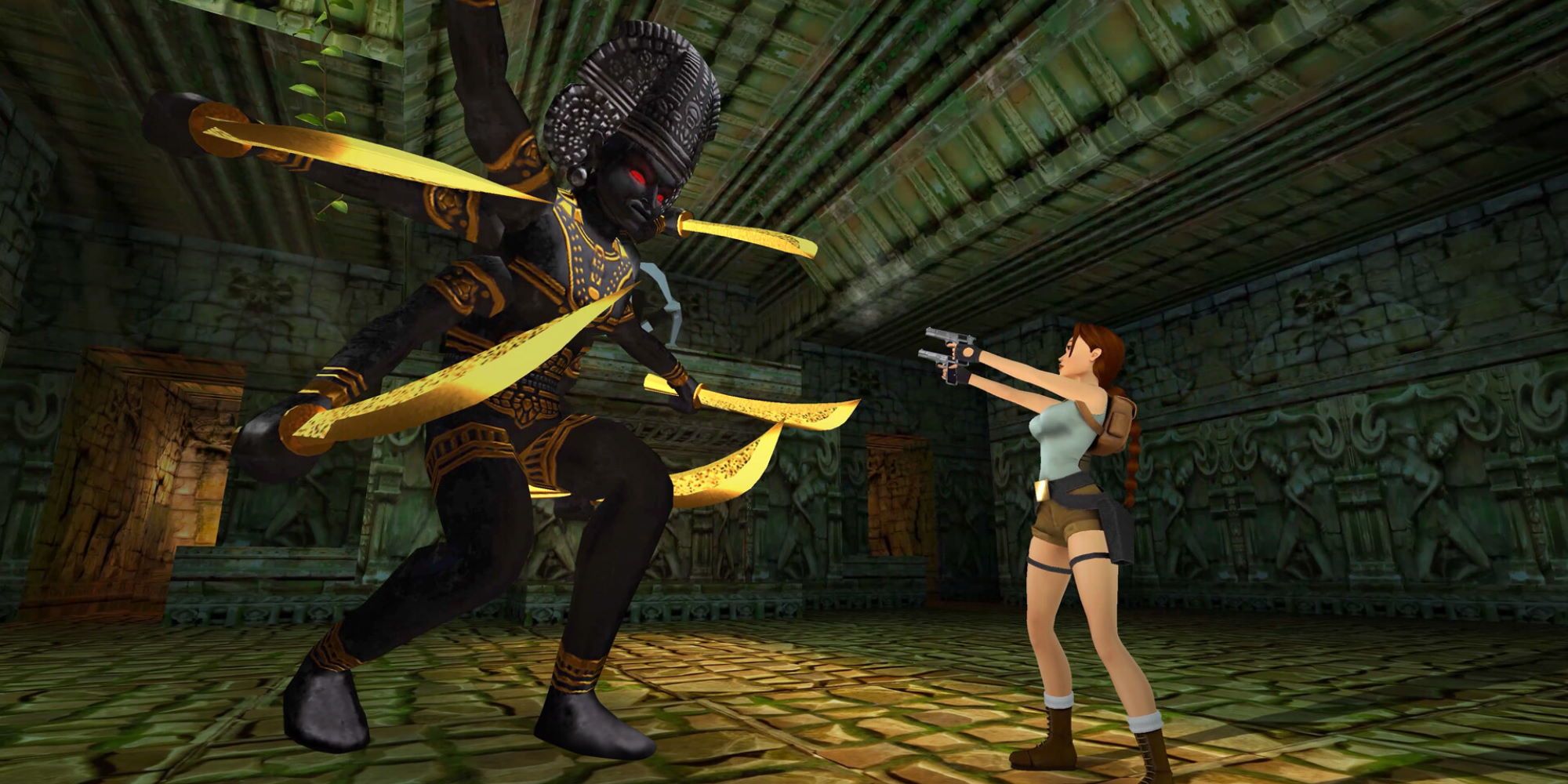 Lara Croft aiming her guns at a Sword Enemy inside an Indian temple