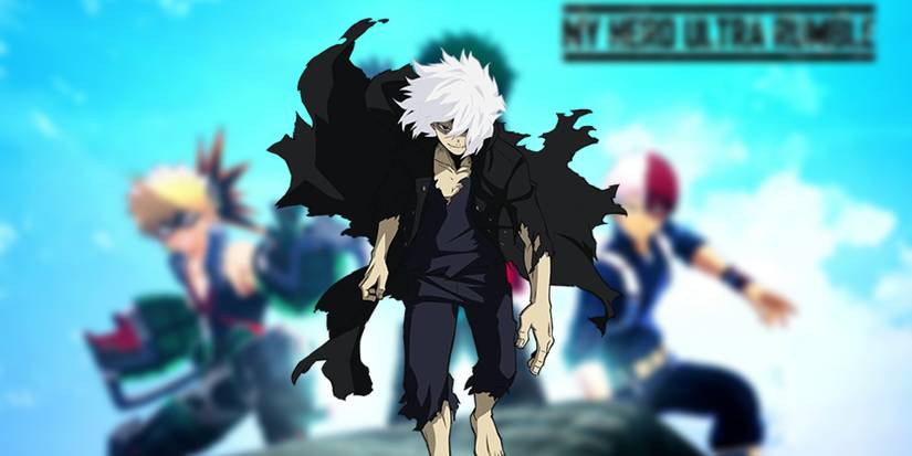 Shigaraki in front of the my hero ultra rumble cover