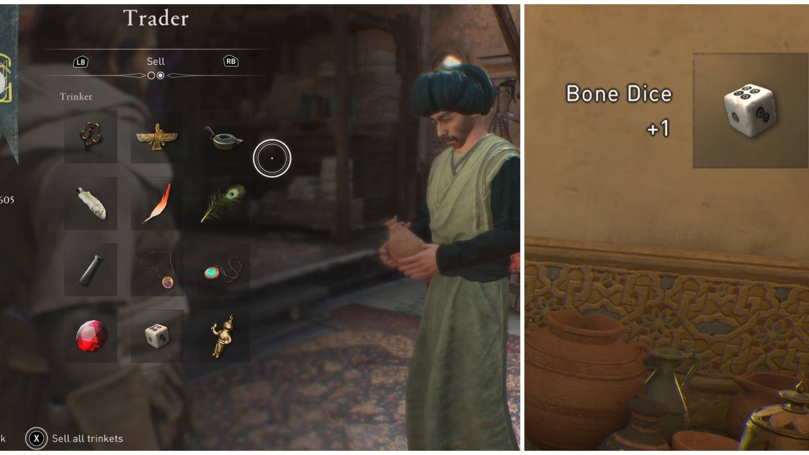 selling trinkets to a trader and finding bone dice