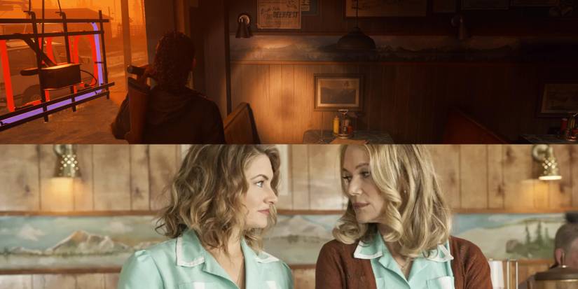 Split image showing a scene from Twin Peaks and Saga in the Oh Deer Diner in Alan Wake 2.