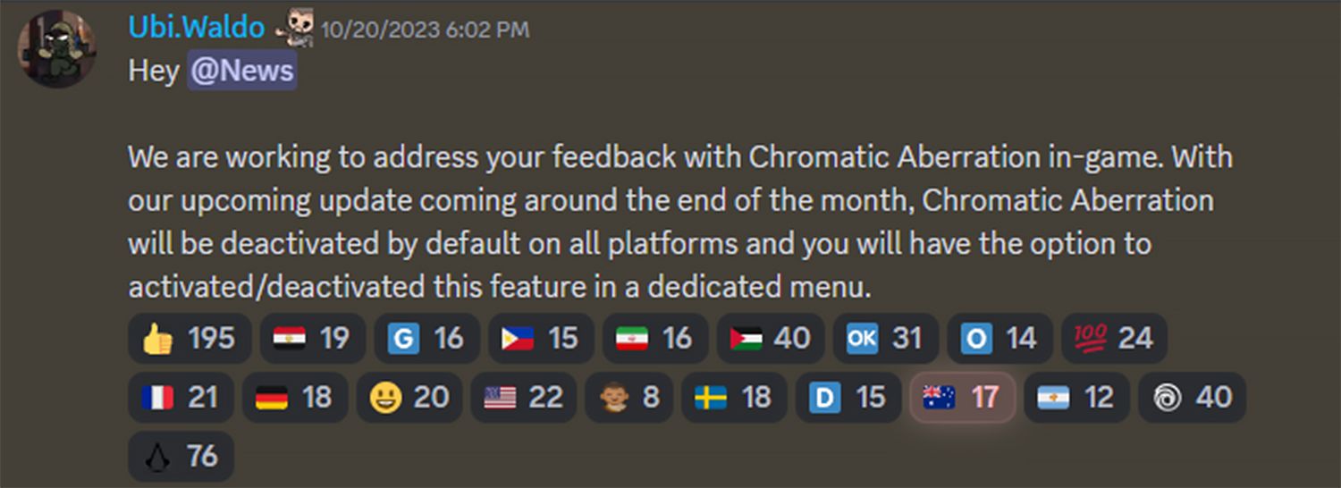 Ubi_Waldo Discord message on Assassin's Creed Mirage chromatic aberration