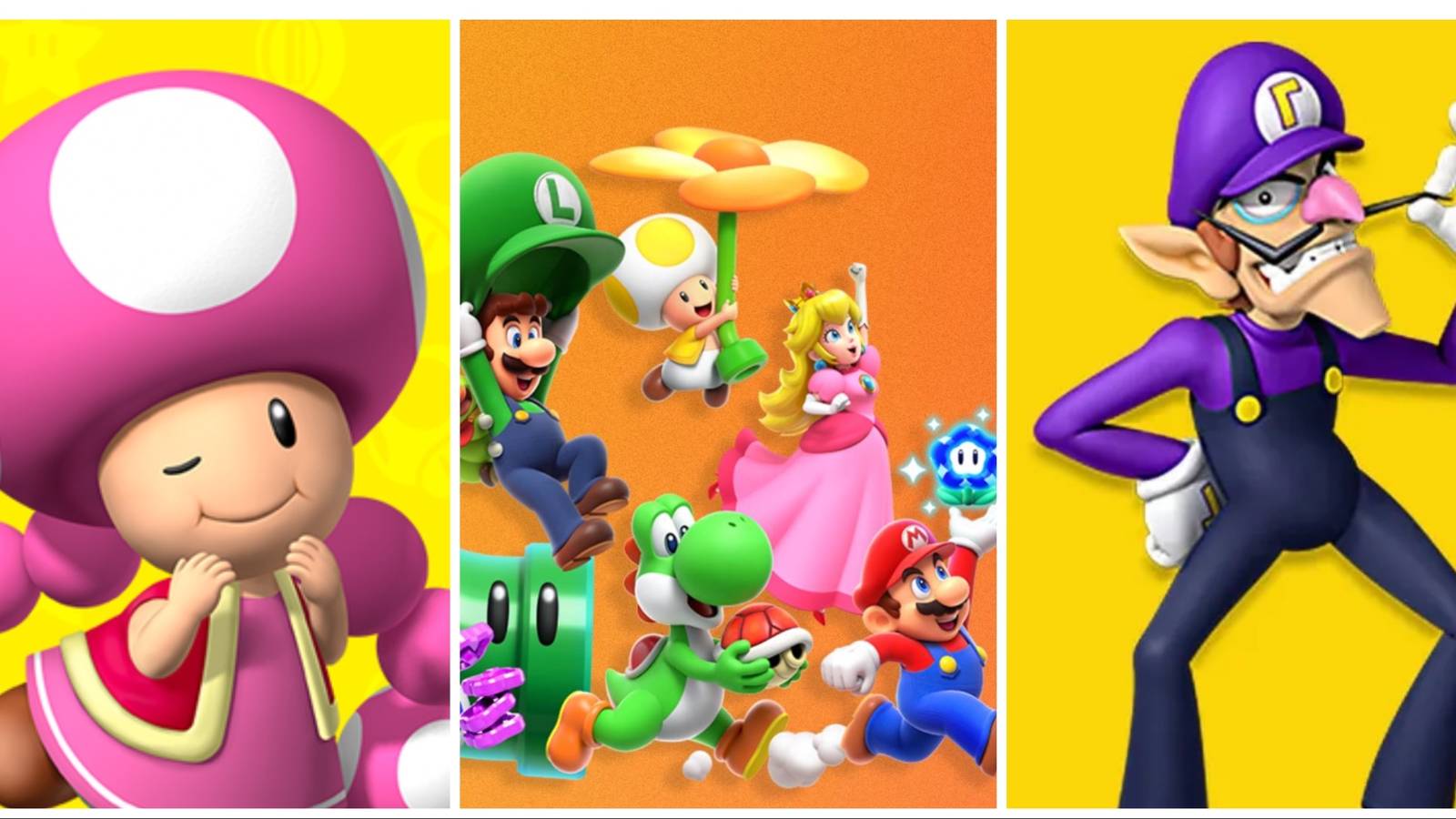 Toadette, Waluigi and other characters side by side