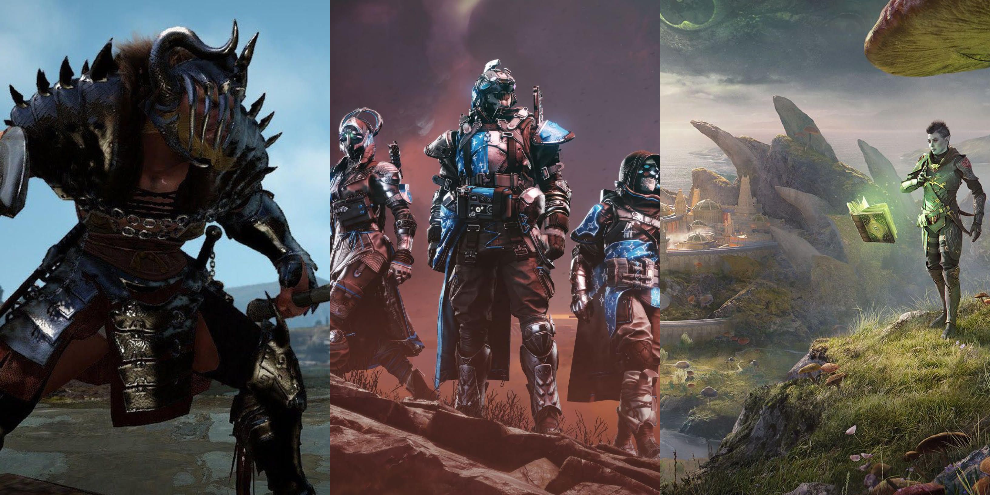 PS5 MMOs: Black Desert Online (left), Destiny 2 (middle), and The Elder Scrolls Online (right)