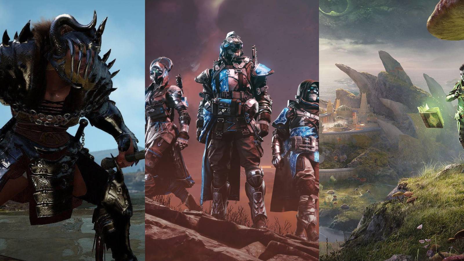 PS5 MMOs: Black Desert Online (left), Destiny 2 (middle), and The Elder Scrolls Online (right)