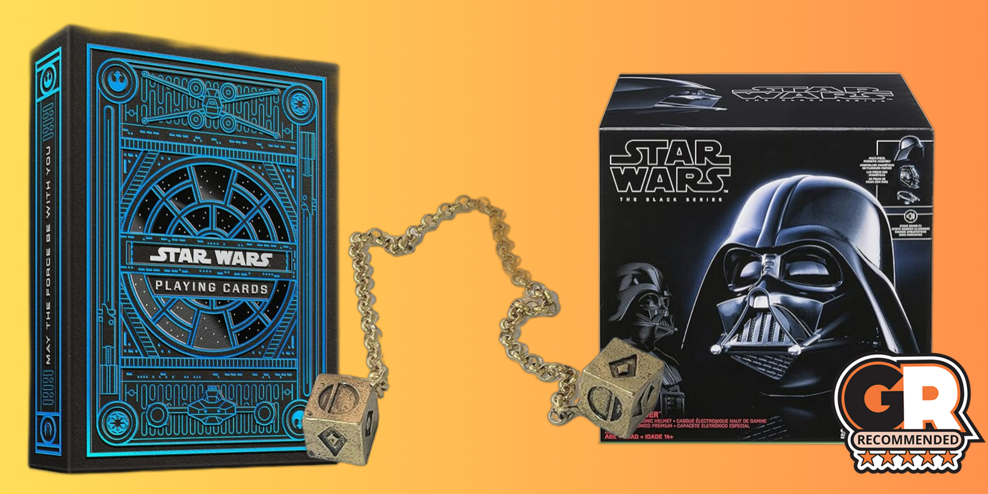 Star Wars Theory11 playing cards, replica of Han Solo's dice, and Darth Vader helmet on a orange gradient background with the Game ZXC Logo on the right hand side. 