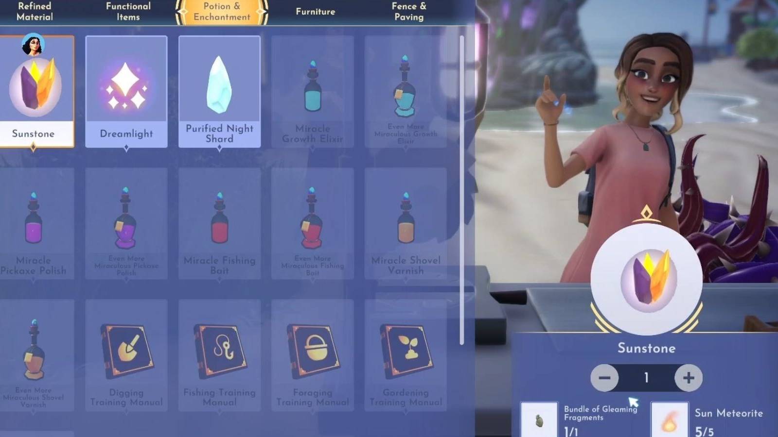 crafting sunstone dreamlight valley