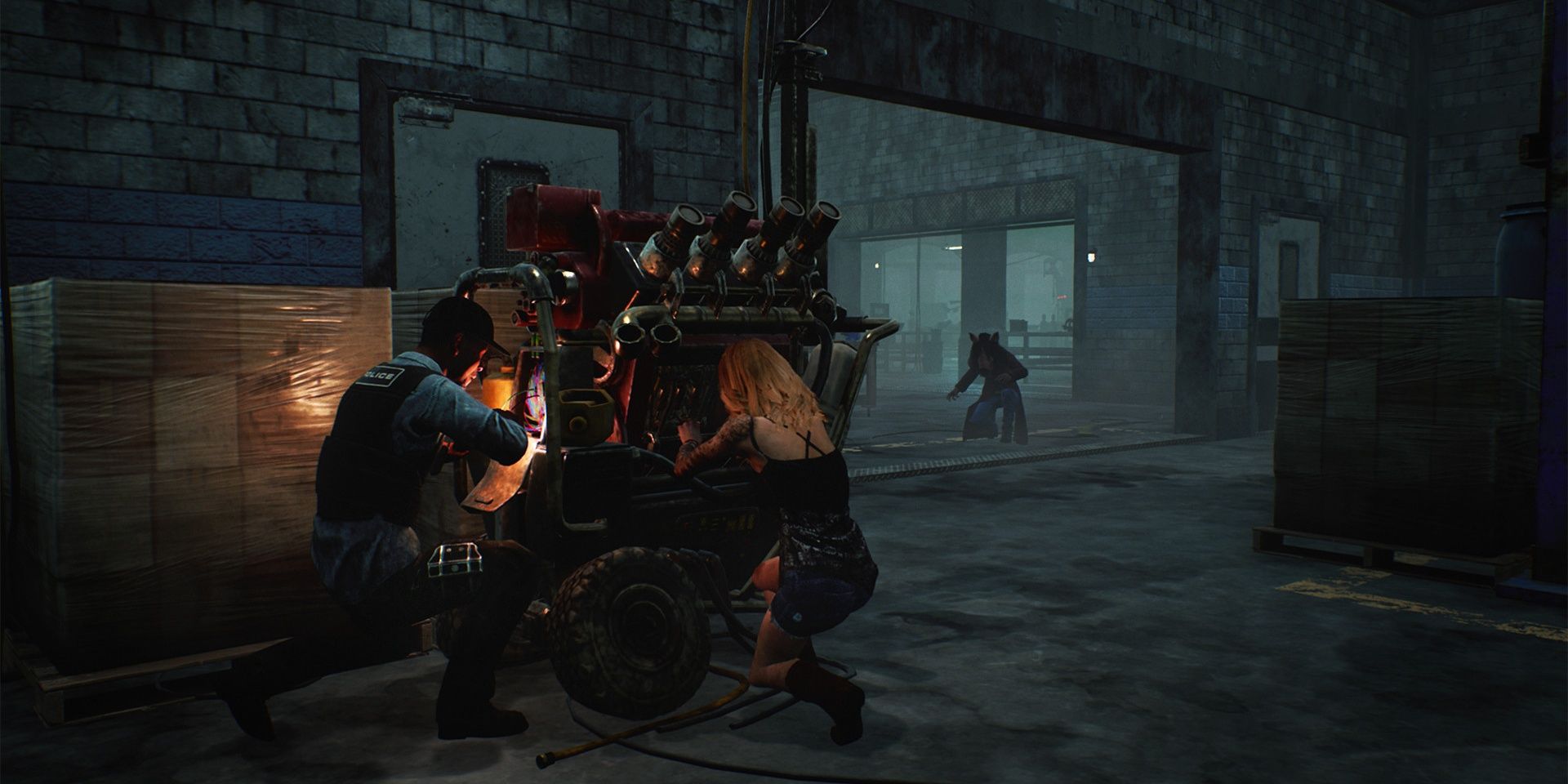 2 survivors working on generator with pig in background