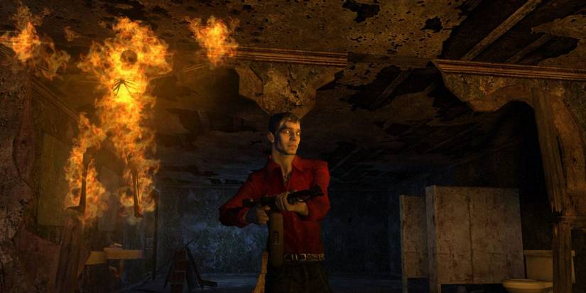 A vampire holding a shotgun wuth a burning skeleton behind him in Vampire: The Masquerade – Bloodlines