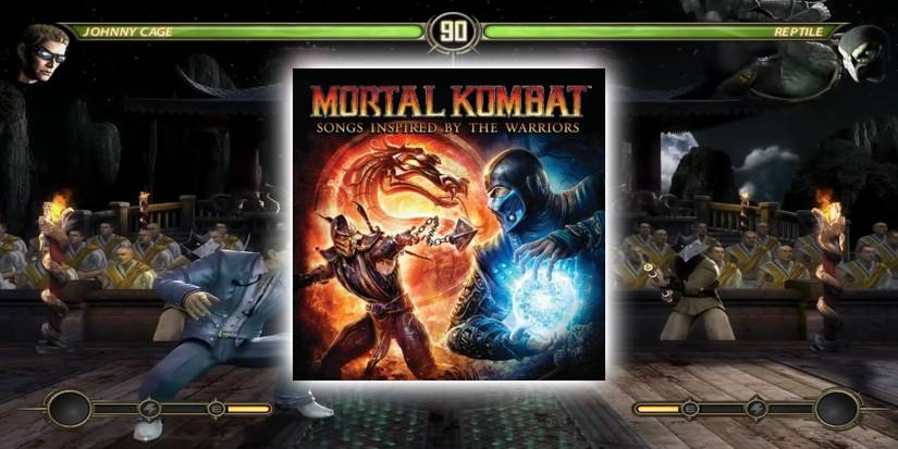 A Mortal Kombat album in front of two fighters battling