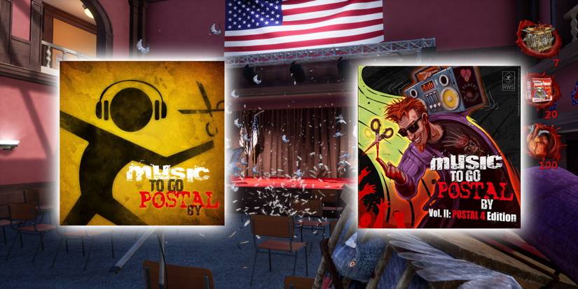 POSTAL Dude throwing a box of rabid pigeons in an election hall with two glowing albums in front of it