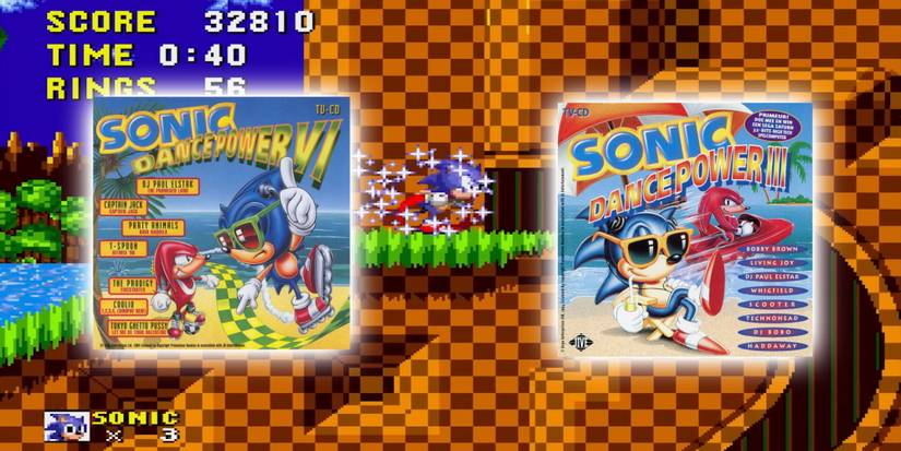 Sonic glowing and running through a tunnel with glowing albums in front of it