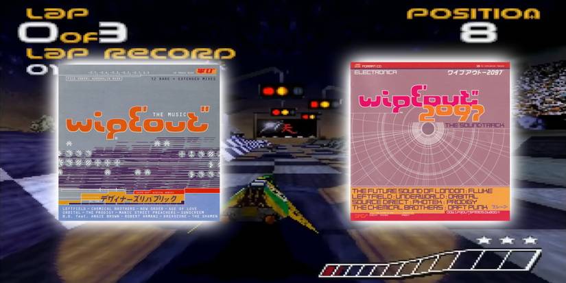 A hovercraft preparing to race with two glowing albums in front of it