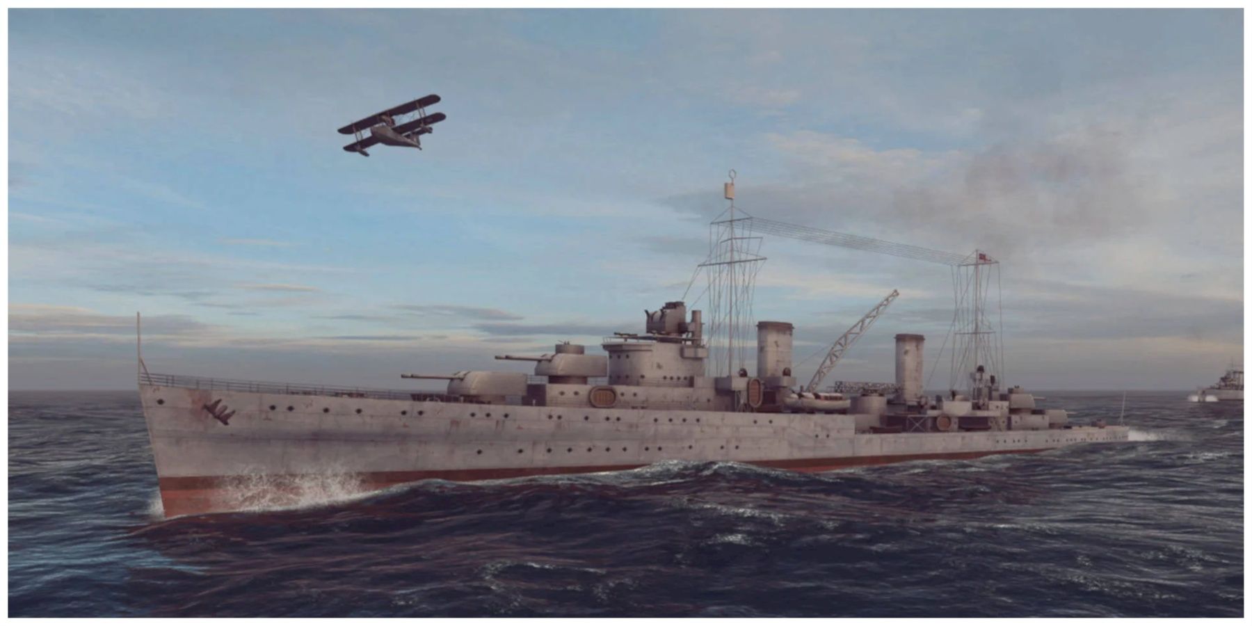 A naval warship sailing on the sea as a World War 2 plane flies overhead 