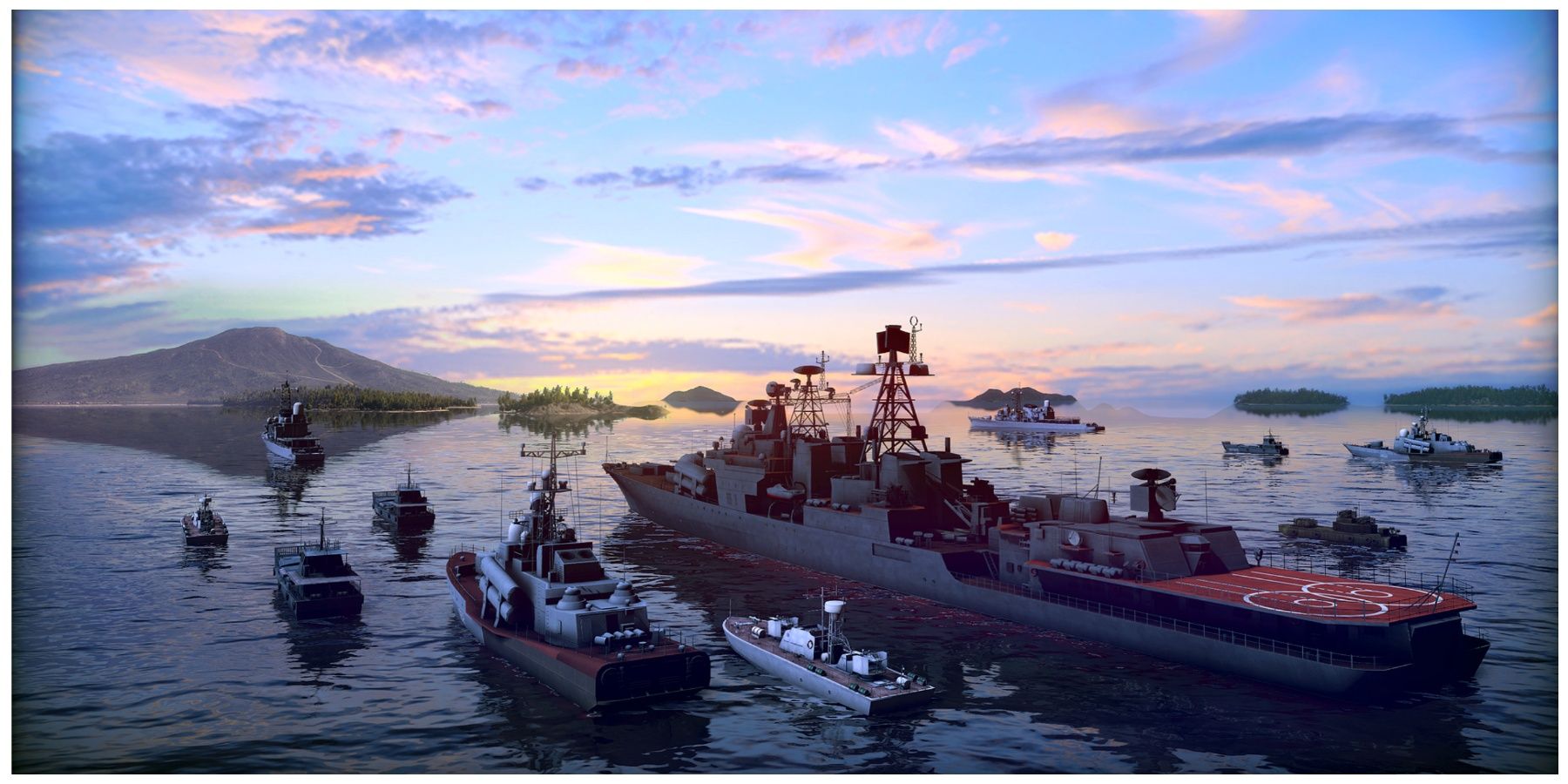 A fleet of naval ships sailing in direction of land because the solar items